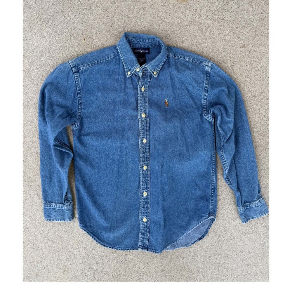 Ralph Lauren Denim Kids M Button Down Shirt - Blue Long Sleeve Pony Logo